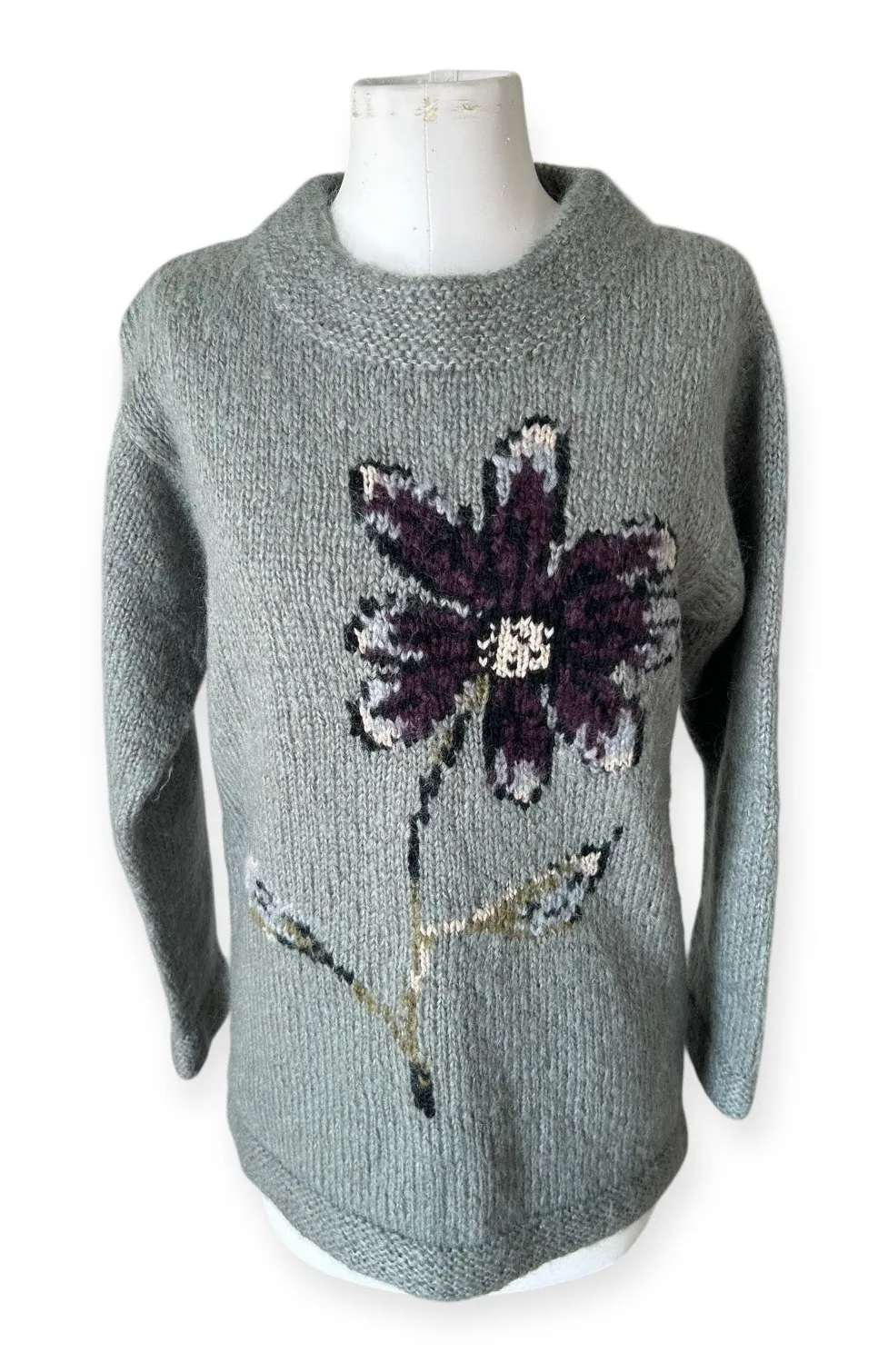 Garnet Hill Chunky Green Mohair Wool Hand Knit Sweater Floral Women's Small Cozy - Image 1