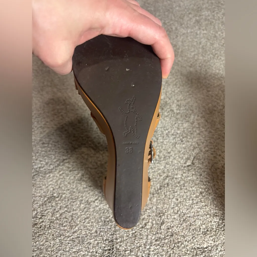 Marni Camel Leather Wedge Sandals Classic Italian Strappy Gold Metal Buckle 38 Tan Size 7 - Image 5