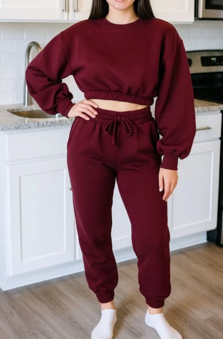 Zenana 2 Pcs Crop Sweatshirt Tracksuit Jogger Pants Set Outfit Active Loungewear Burgundy Size XS - Image 9