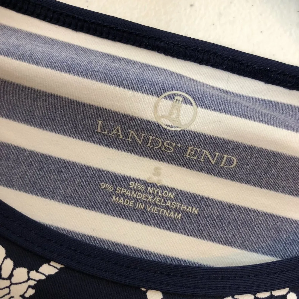 Lands' End Navy Blue White Rope & Stripe Print Rashguard Swim Crew Neck Top S - Image 3