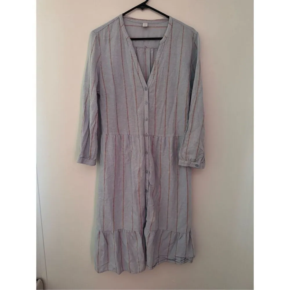 Old Navy sz L Womens Blue Linen Cotton Striped Tiered Button Midi Dress Nautical - Image 3