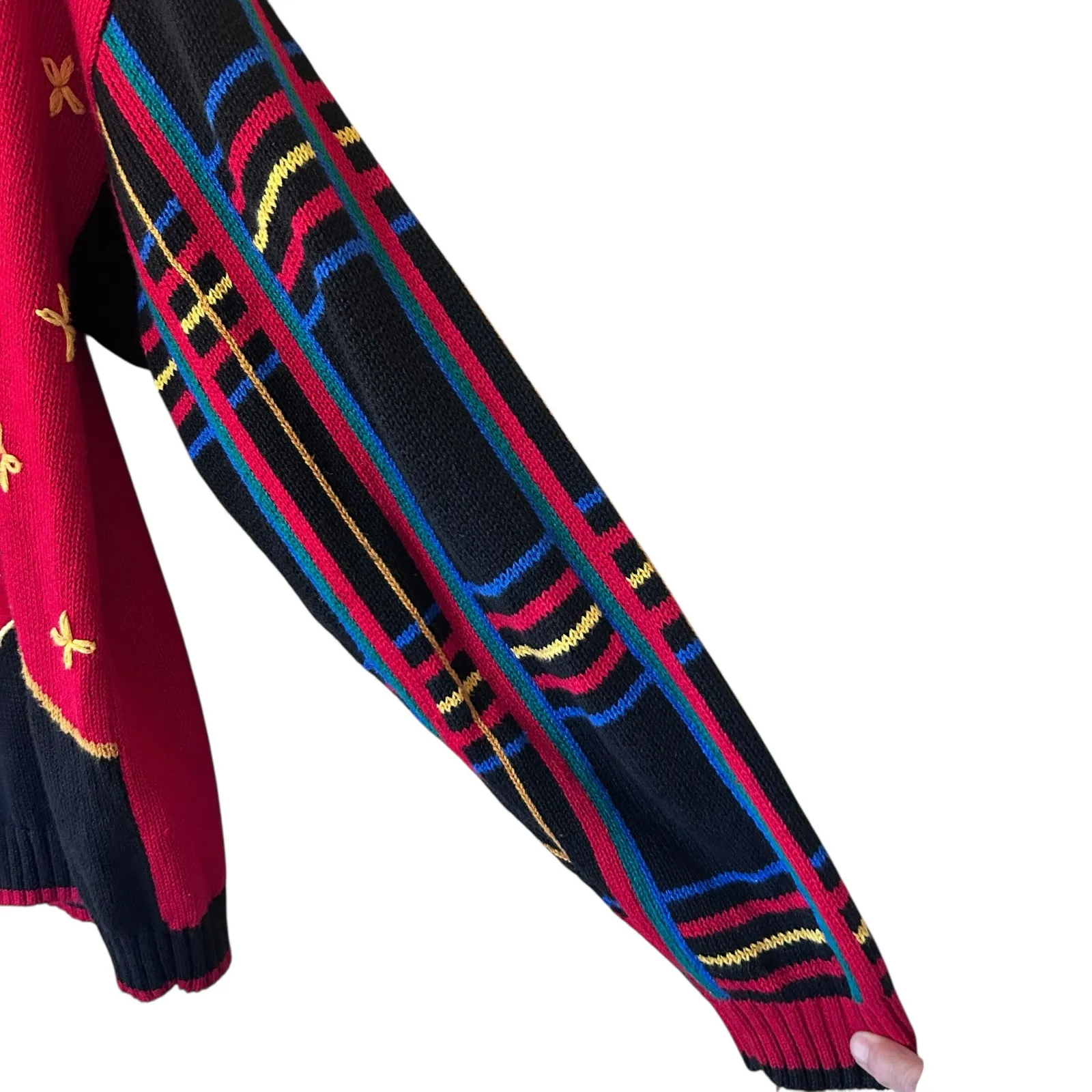 Vtg 1990s LUCIA Women's Sweater Coat of Arm Patches Sz XL Red / Black Colorblock - Image 7