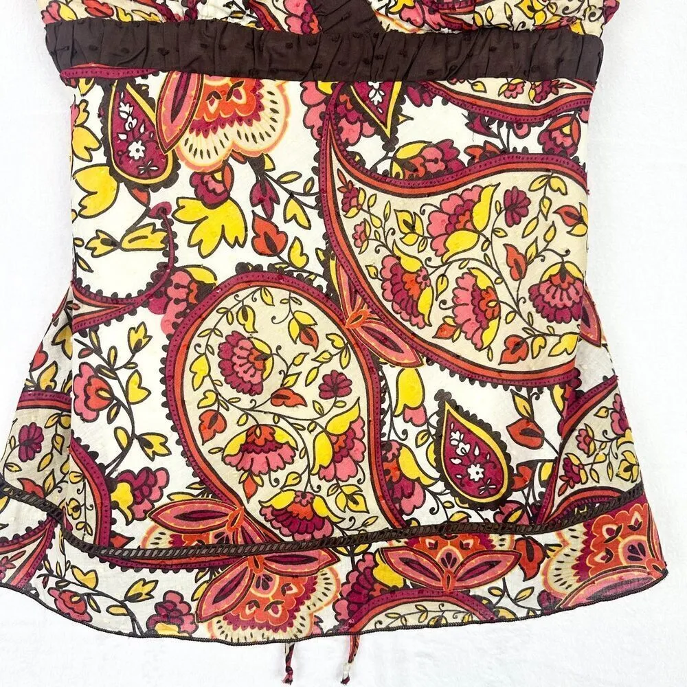 Vintage Y2K Babydoll Top Size Large Deadstock Paisley Floral Tie Back Lined Brown - Image 4