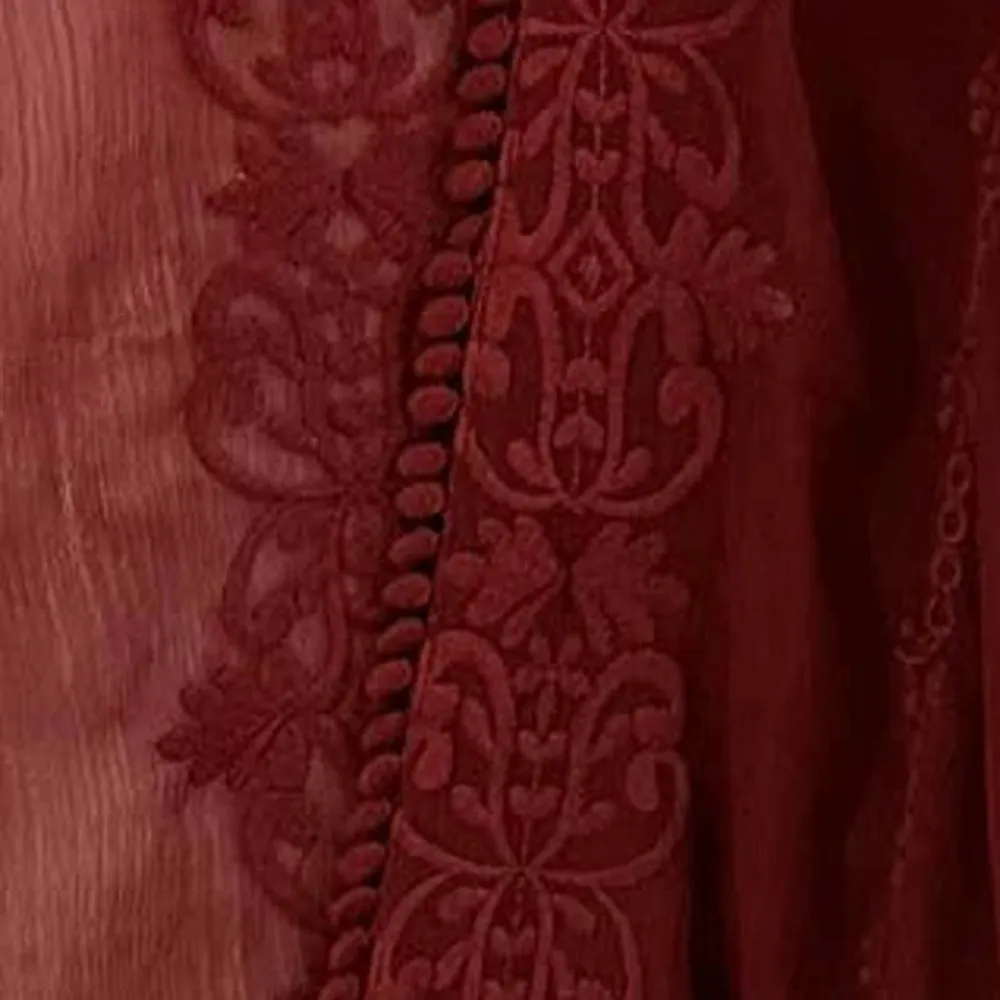 FOREVER 21 BURGUNDY RUST VINTAGE FLORAL WOVEN CARDIGAN SMALL - Image 3