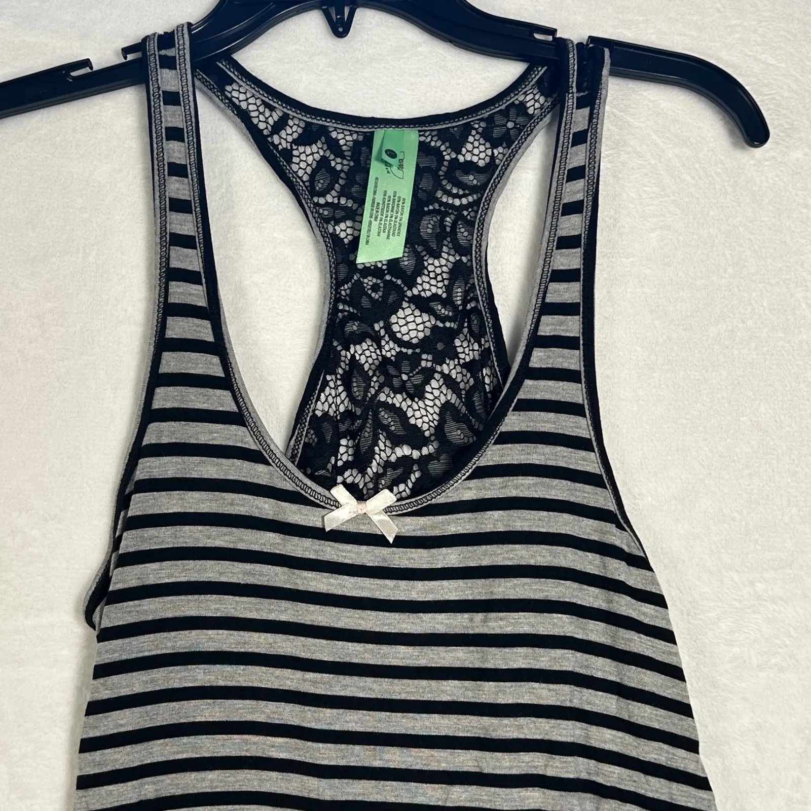 Honeydew Striped Racerback Tank Top Black Gray Lace Trim Bow Women's L Size L - Image 2
