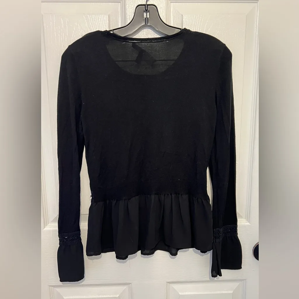 WHITE HOUSE BLACK MARKET Women's Black Lace Trim Ruffle Hem Bell Cuff Top - Image 2