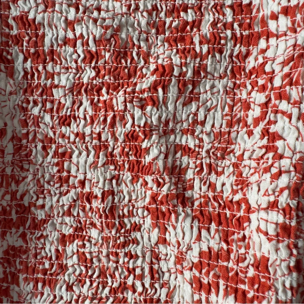 Madewell Linen Blend Floral Wrap Top Red White Short Puff Sleeves V-Neck Smocked - Image 5