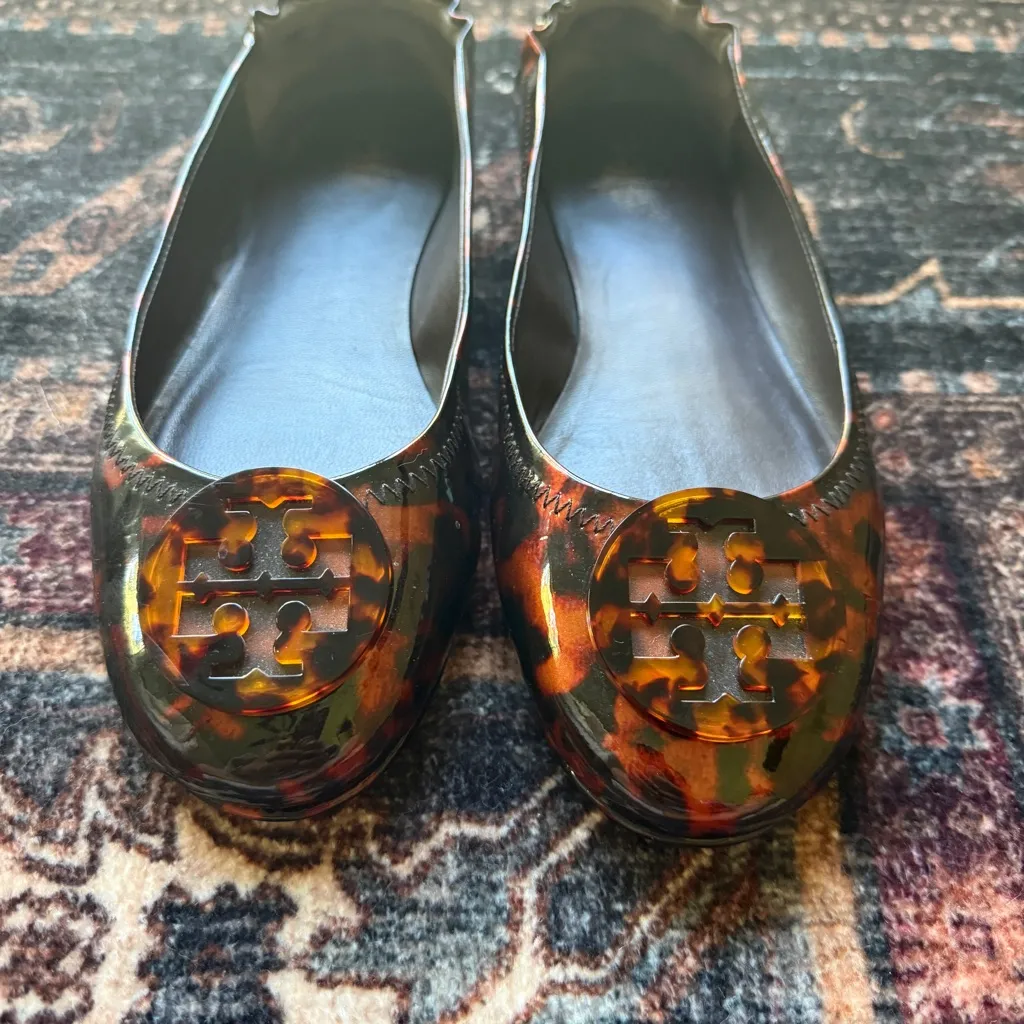 Tory Burch Minnie travel ballet flats tortoise brown slip on shoes round toe - Image 2