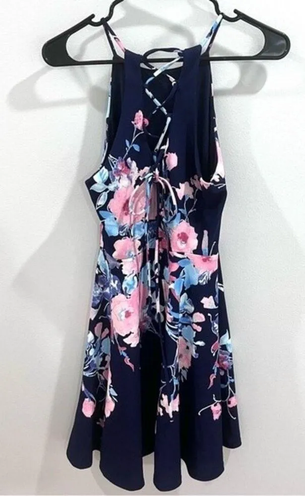 B.Darlin navy floral lace up back halter dress size 7/8 - Image 5
