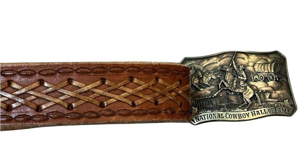 National Cowboy Hall Of Fame Brass Buckle Belt 100% Leather Size M Tan - Image 6