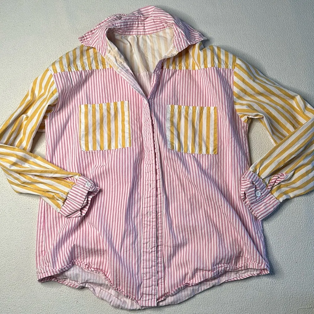 Women’s Mixed Stripe Button Down Shirt Pink Yelloww - Image 2