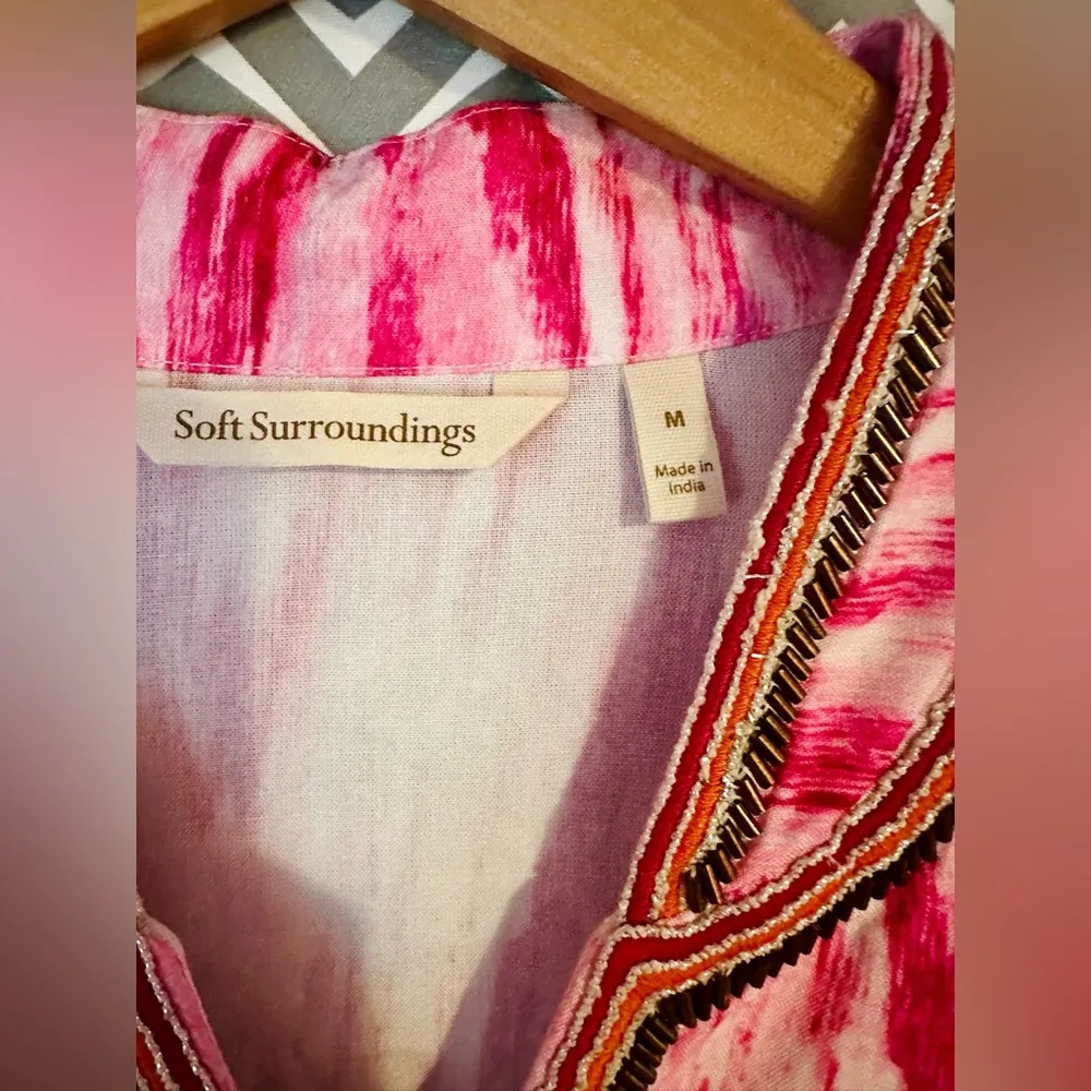 Soft Surroundings | Altea Pink & White Ikat Embroidered Beaded V-Neck Tunic, M - Image 8