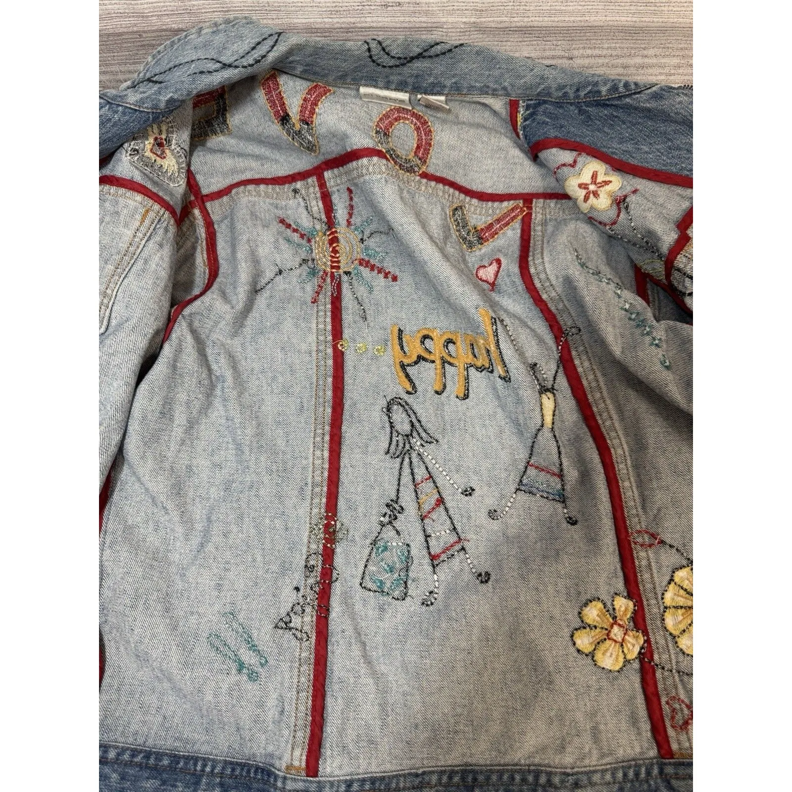 Chico's Sz 1  Jean Denim Art-to-Wear Floral Jacket embroidered full zip - Image 6
