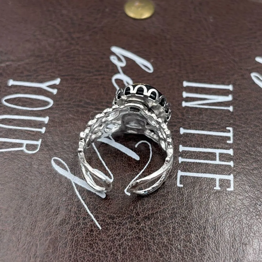 Vintage Floral Glass Cameo Ring | Adjustable Stainless Steel | Holiday Gift Black - Image 3