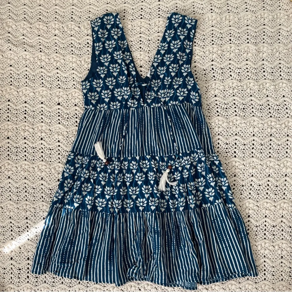 Goa Beachwear by Japana Floral Stripe Bohemian Tassel Mini Dress Blue (N… - Image 8
