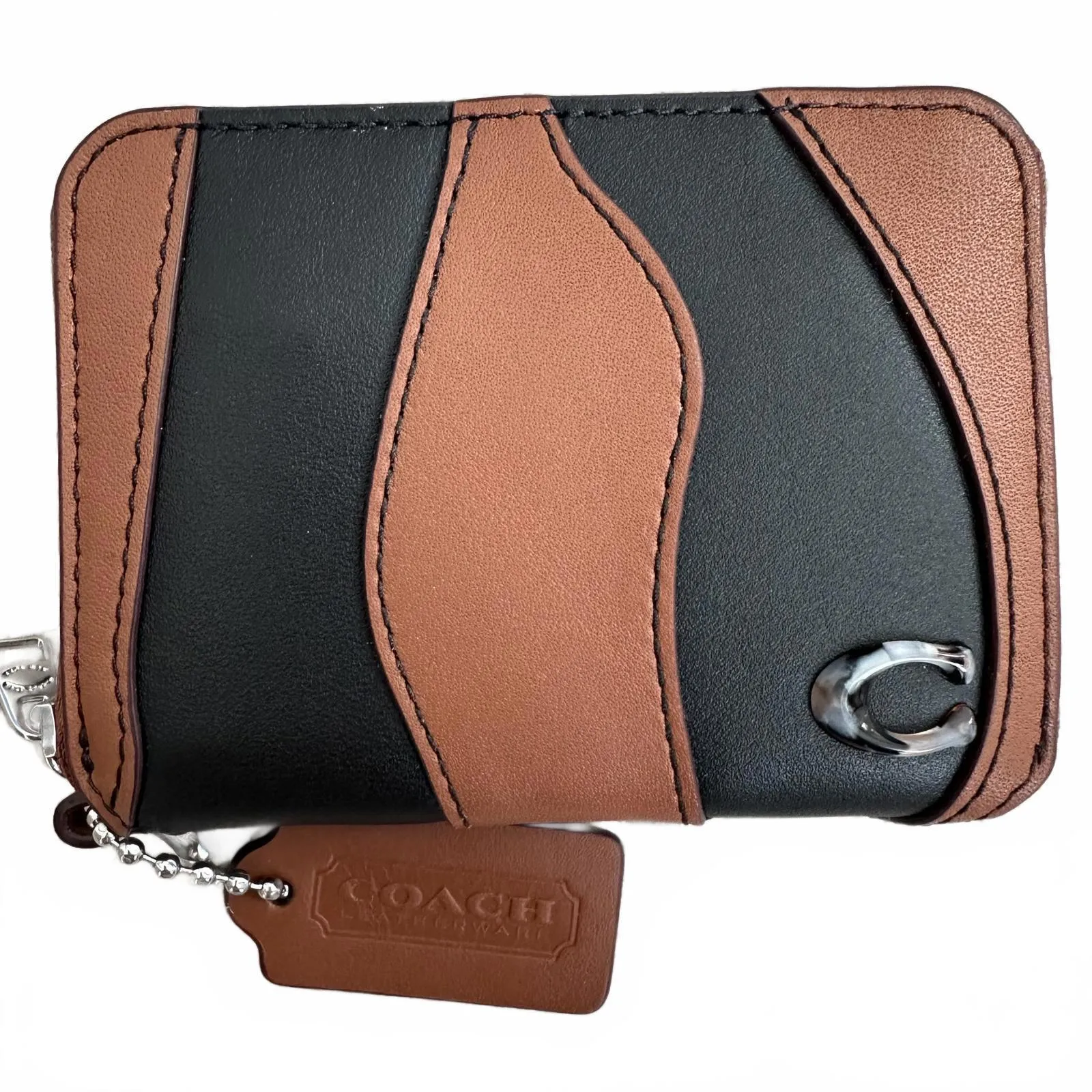Coach Zip Around Wallet In Wavy Stripe Upcrafted Leather Black/Saddle NWT - Image 2