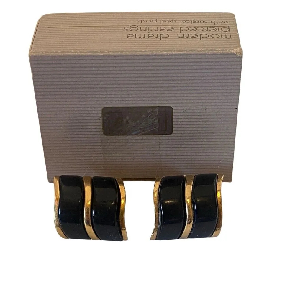 VTG Avon 80s MODERN DRAMA Mcm Black Lucite Gold Tone Wave Pierced Stud Earrings - Image 6