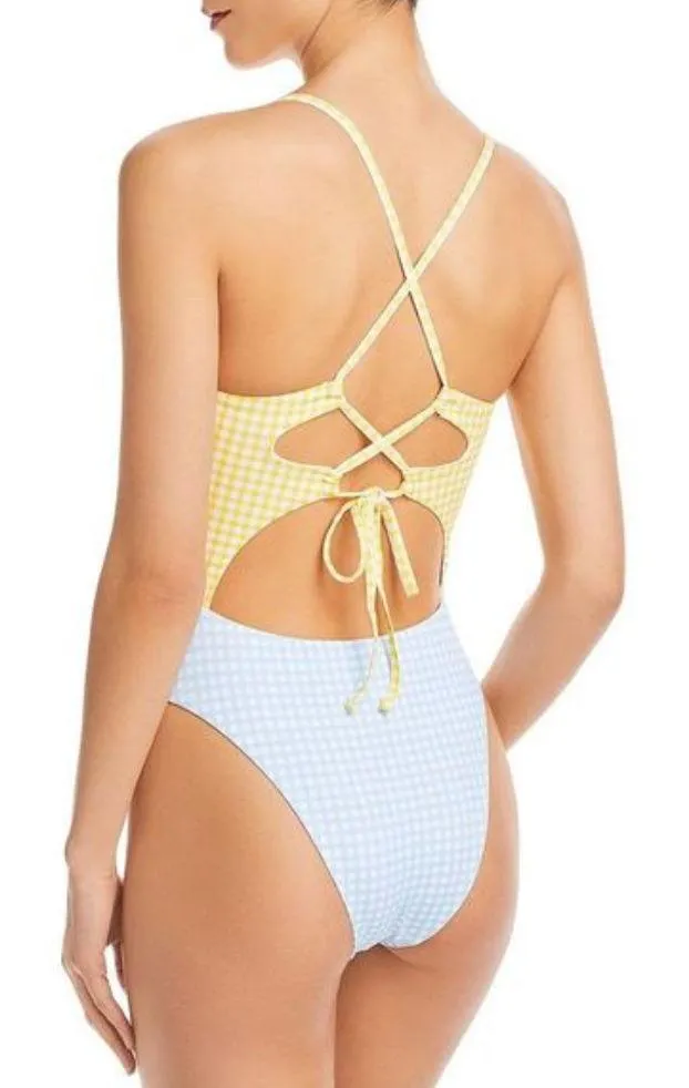 Aqua Pastel Checkered Cut Out One Piece Swimsuit - Image 2