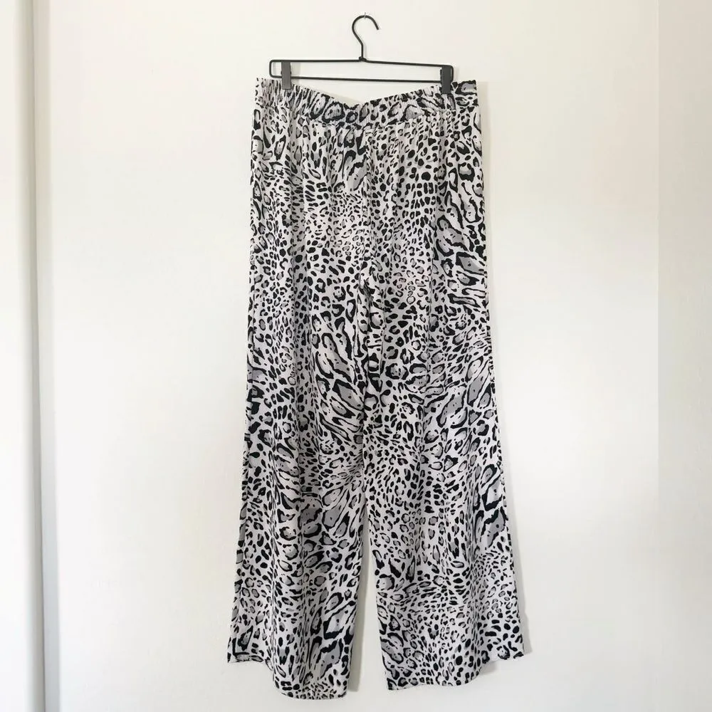 CACHE Black White Animal Print Palazzo Wide Leg Pants Sz 14 - Image 3