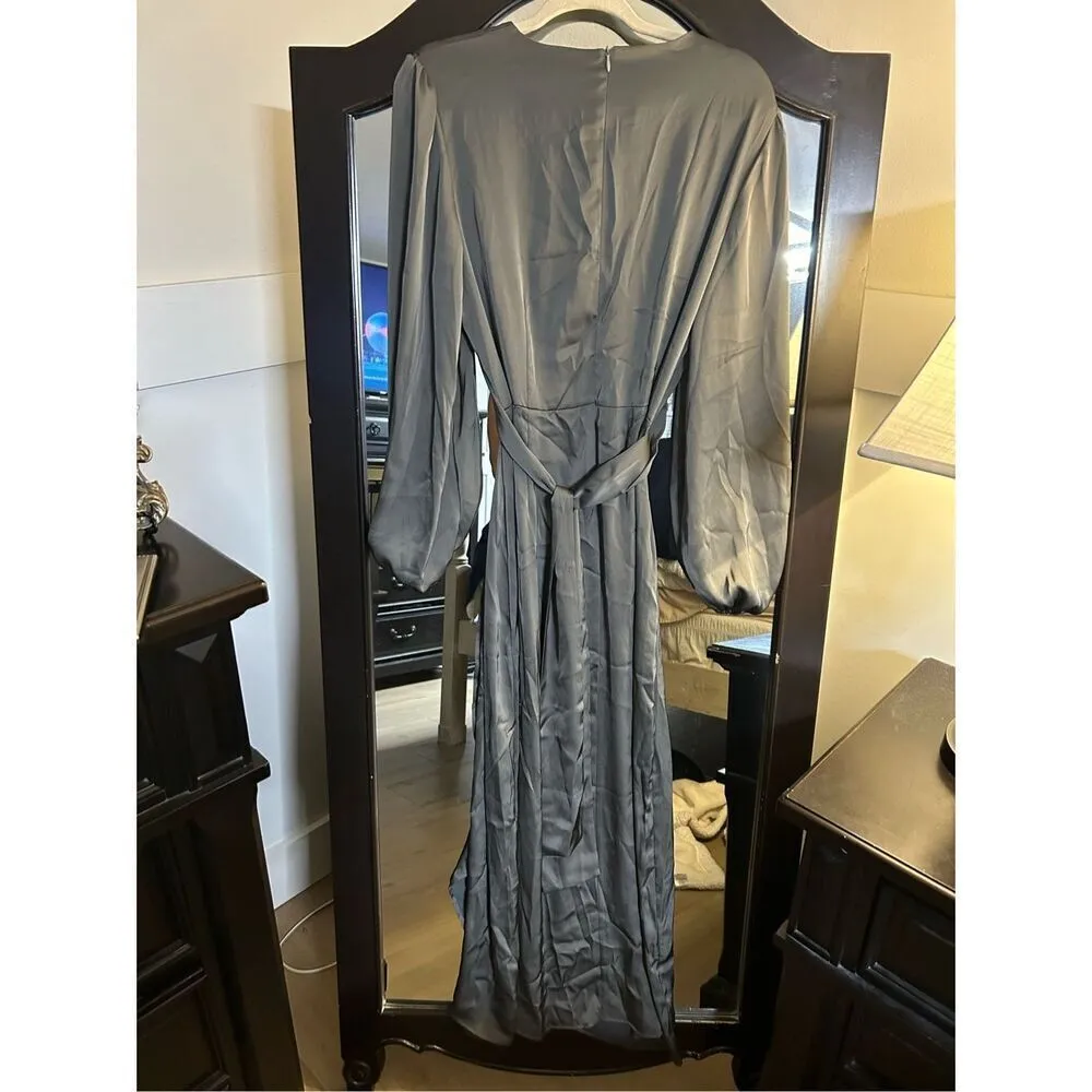 NEW Elegant Empire Waist Long Sleeve Satin Maxi Dress L Blue Size L - Image 3