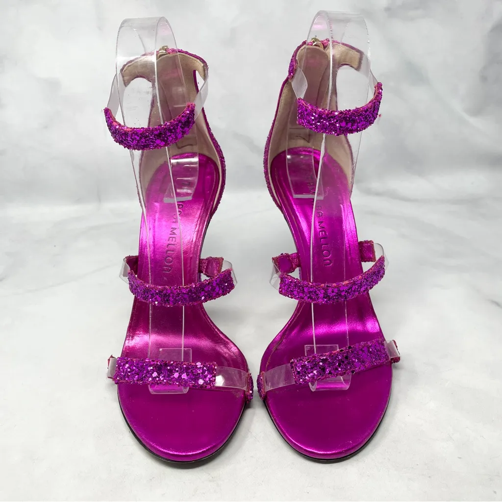 Tamara Mellon Frontline 105 Glitter PVC Sandal Heels Fuschia Hot Pink Glam 35.5 Size undefined - Image 9