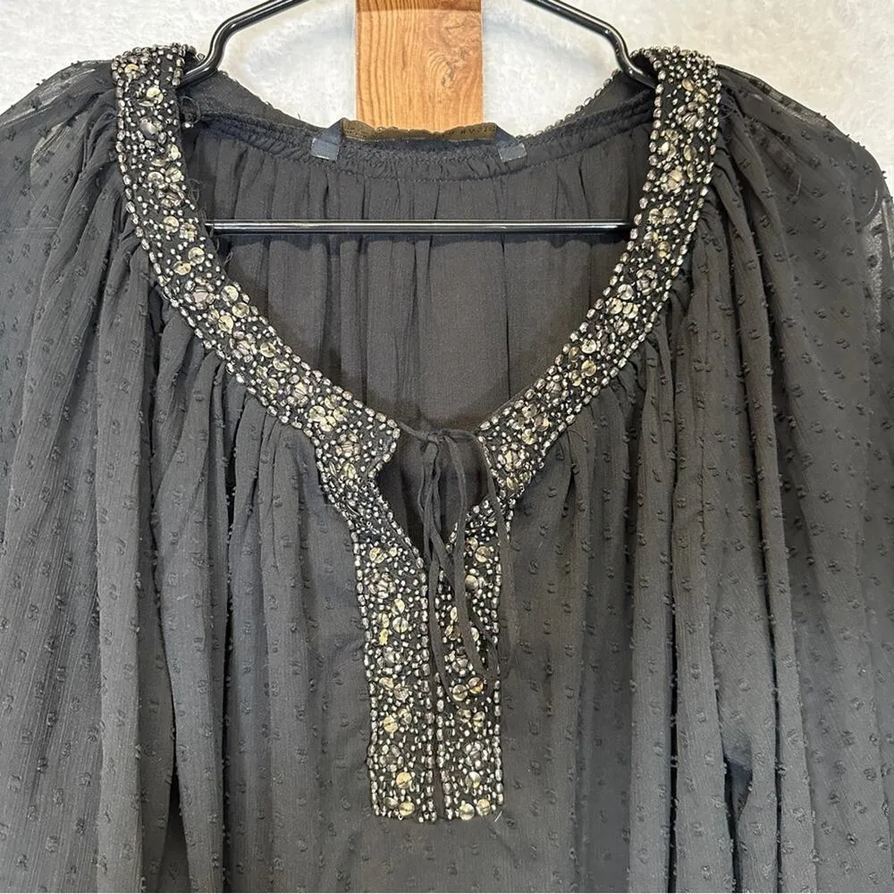 Zara Black Sheer Beaded Dot Embroidered Wide Sleeve‎ Top Size S - Image 2