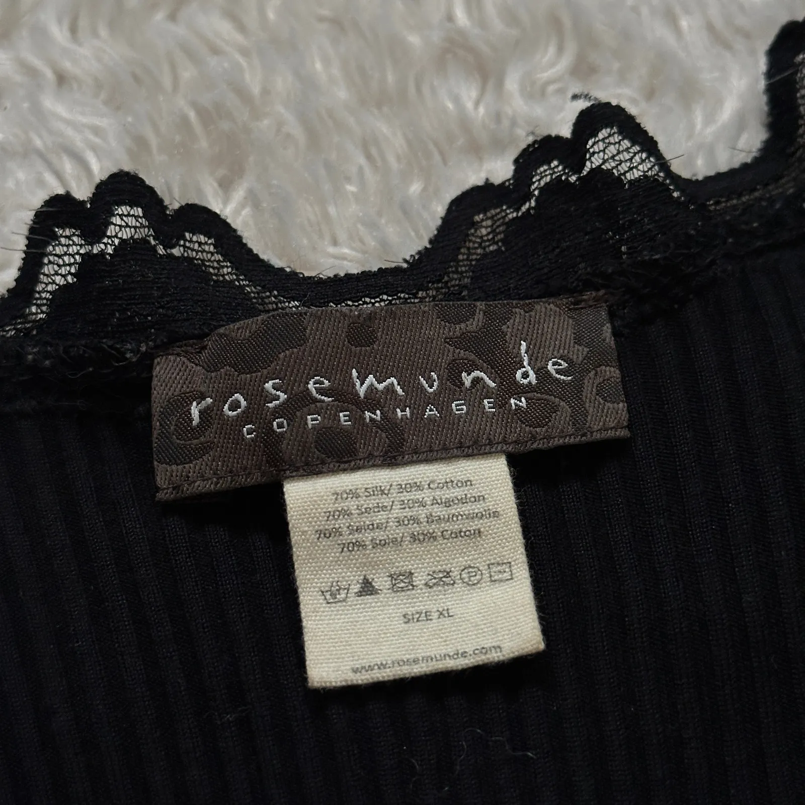 Rosemunde XL Black Silk Ribbed Mini Dress Bodycon W Lace Cuff + Hem Fairy Grunge - Image 4