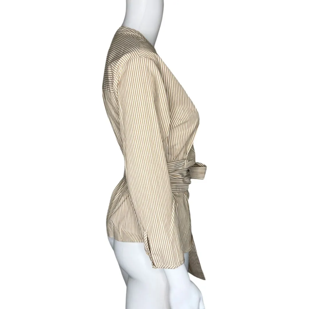 J. Crew Shirt Women Small Petite Wrap Blouse Brown Stripe Mandarin Collar Belted - Image 2