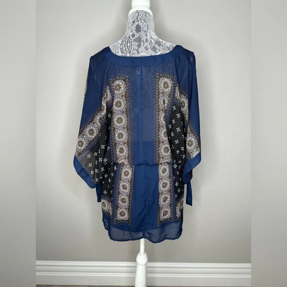 FREE PEOPLE Womens Boho Printed Kimono Tied Sleeve V-Neck Mini Dress Size XS - Image 4