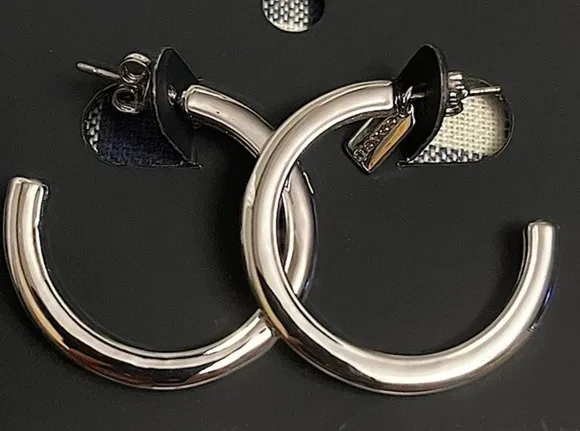Coach Silver-Tone Signature C Hoop Earrings | Logo Charm | NWT - Image 2