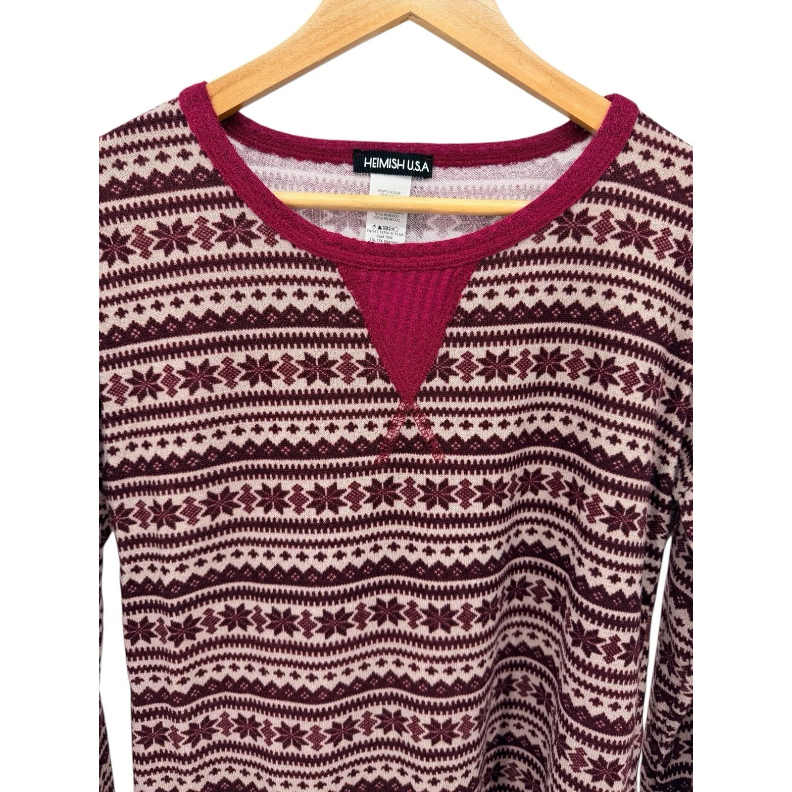 Heimish USA Fair Isle Thermal Top 1XL Burgundy Pink Long Sleeve Knit Shirt NWOT Red Size 1X - Image 2