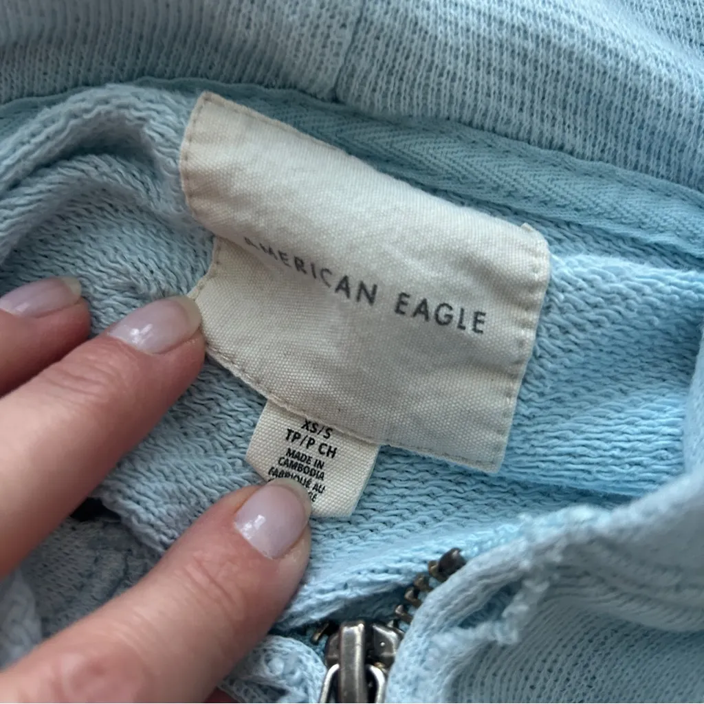 American Eagle Light Blue Waffle Knit Zip Up Hoodie - Image 3