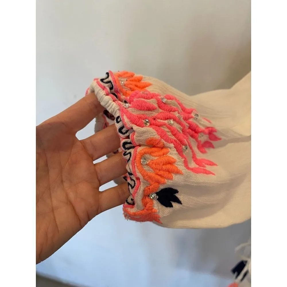 RD & Koko White And Pink Embroidered Rhinestone Tassel Cold Shoulder‎ Dress S - Image 11