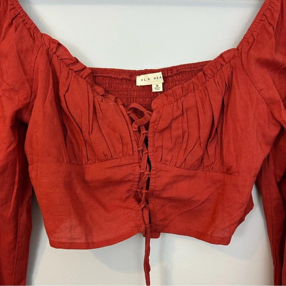 NWT PacSun/La Hearts Lace Up Long Sleeve Rust Boho Crop Top  Size Medium - Image 4