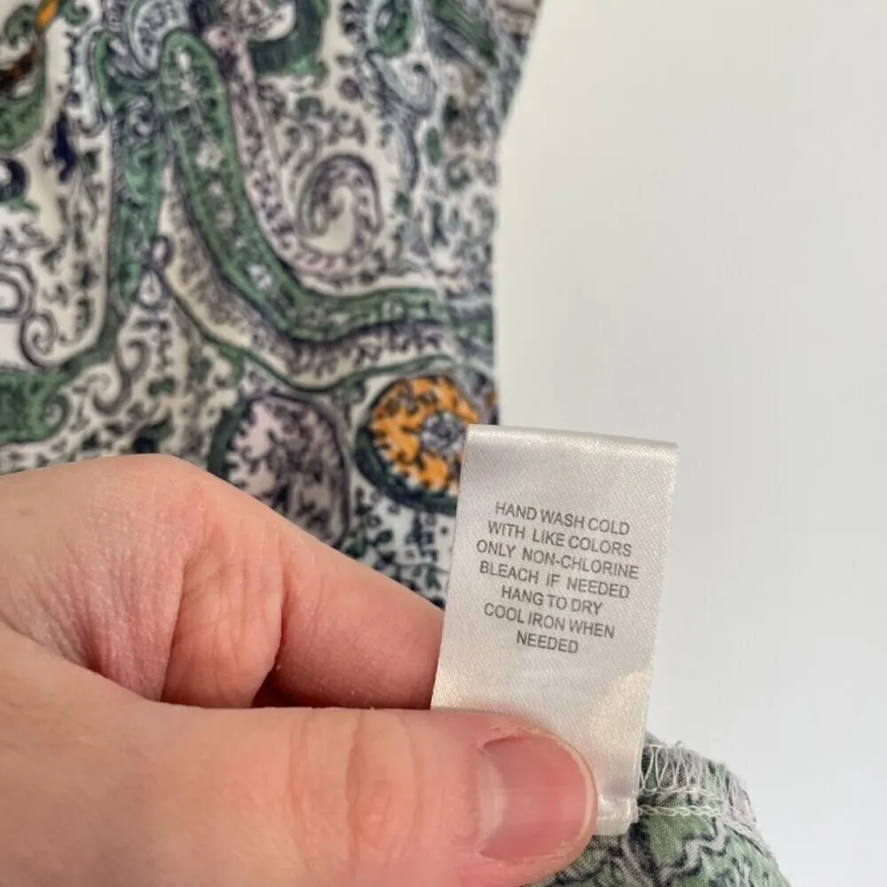 DANIEL RAINN White Navy Blue Paisley Embroidered Trim Tassel Tie Cap Sleeve Top - Image 10