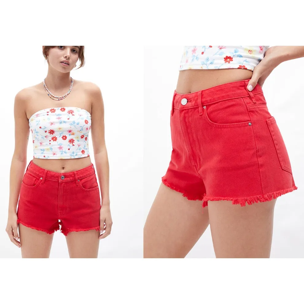 Pacsun Womens Red High-Rise Festival Cut Off Denim Shorts Size 27 Booty - Image 3