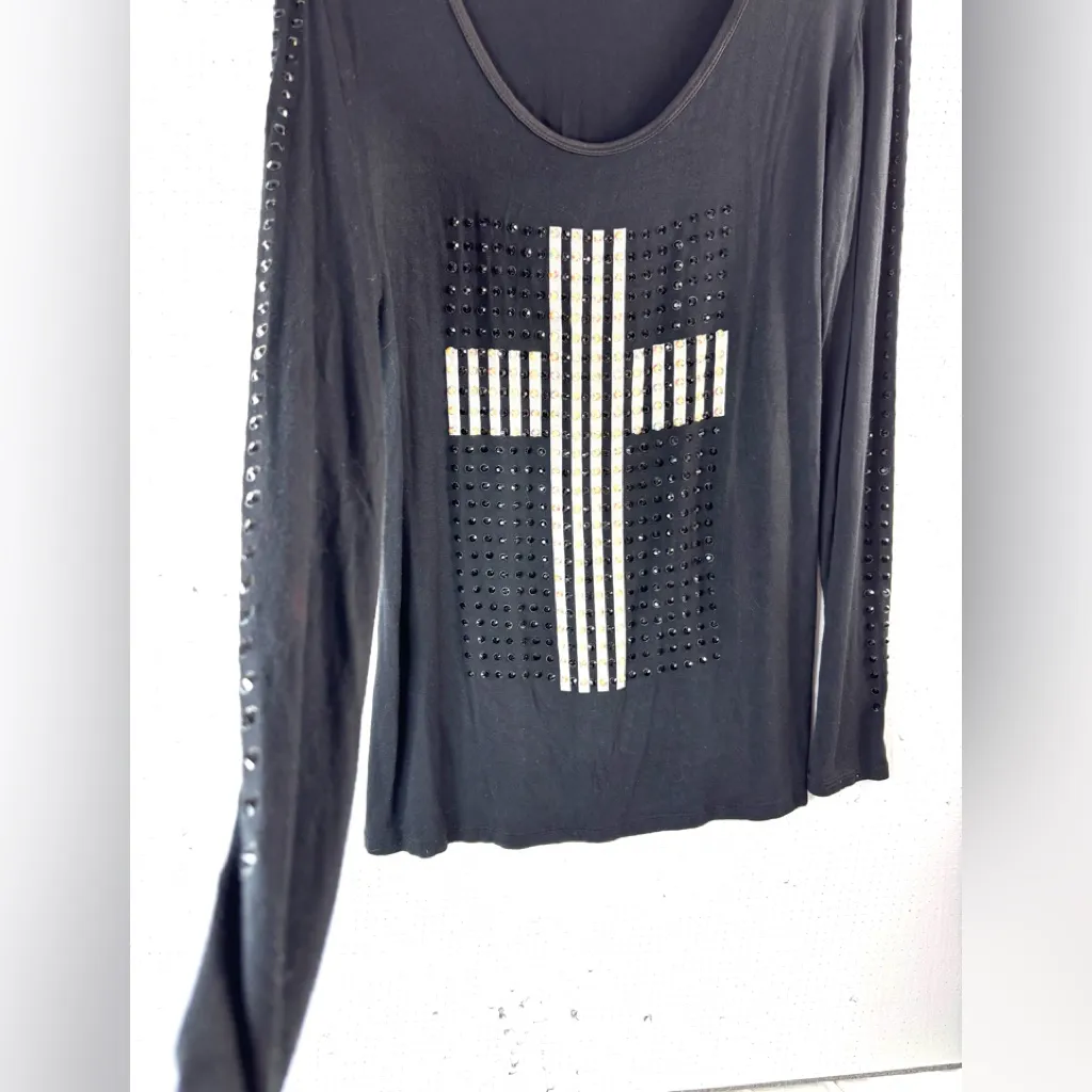 Vocal 1X Grunge Studded Cross Long Sleeve Top with Silver Accents - Image 2