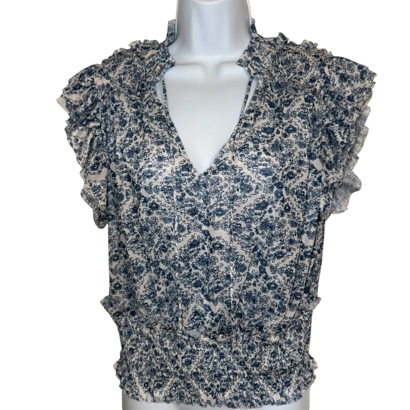 MISS ME Floral Ruffle Cap‎ Sleeve Smocked Blouse Top Blue White Size Small - Image 2