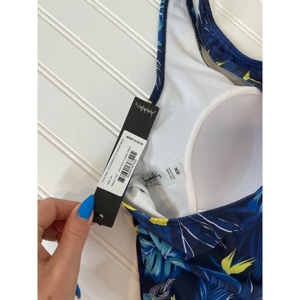 NWT Nicole Miller Womens Swimsuit Blue Floral One Piece 1-PC Racerback Size 2X - Image 6