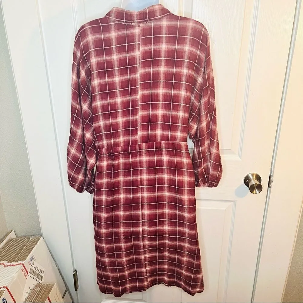 Wild Moss Women's Burgundy Long Sleeve Plaid Mini Shirt Dress M Pink Size M - Image 8