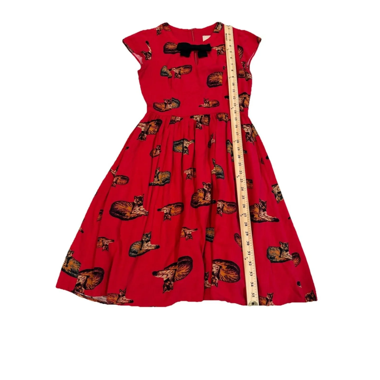 Modcloth Cat Fit & Flare Dress Womens Small Bow Twee All Over Print Retro Lined - Image 5