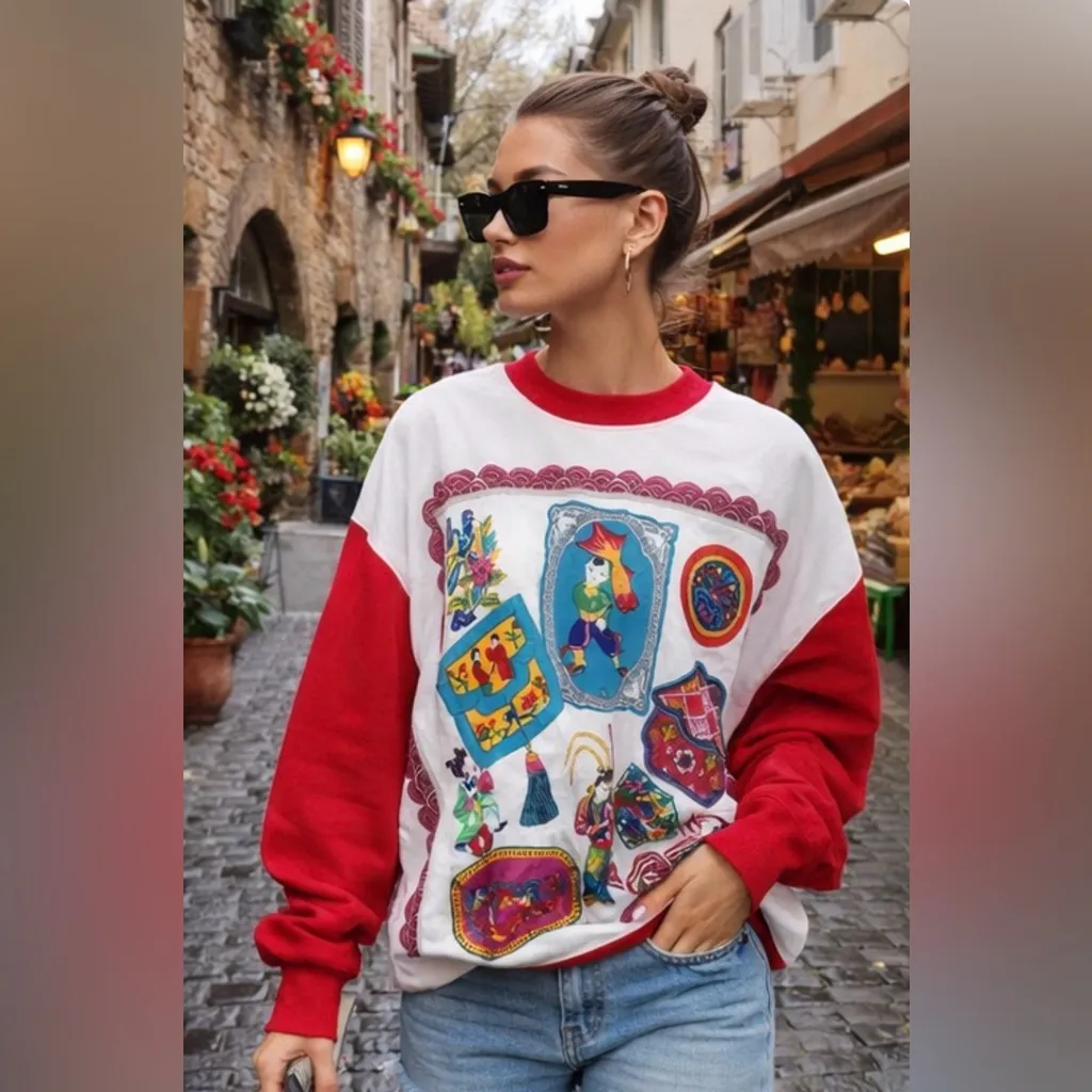 Koret vintage and rare Asian art print red sweatshirt, size large White - Image 7