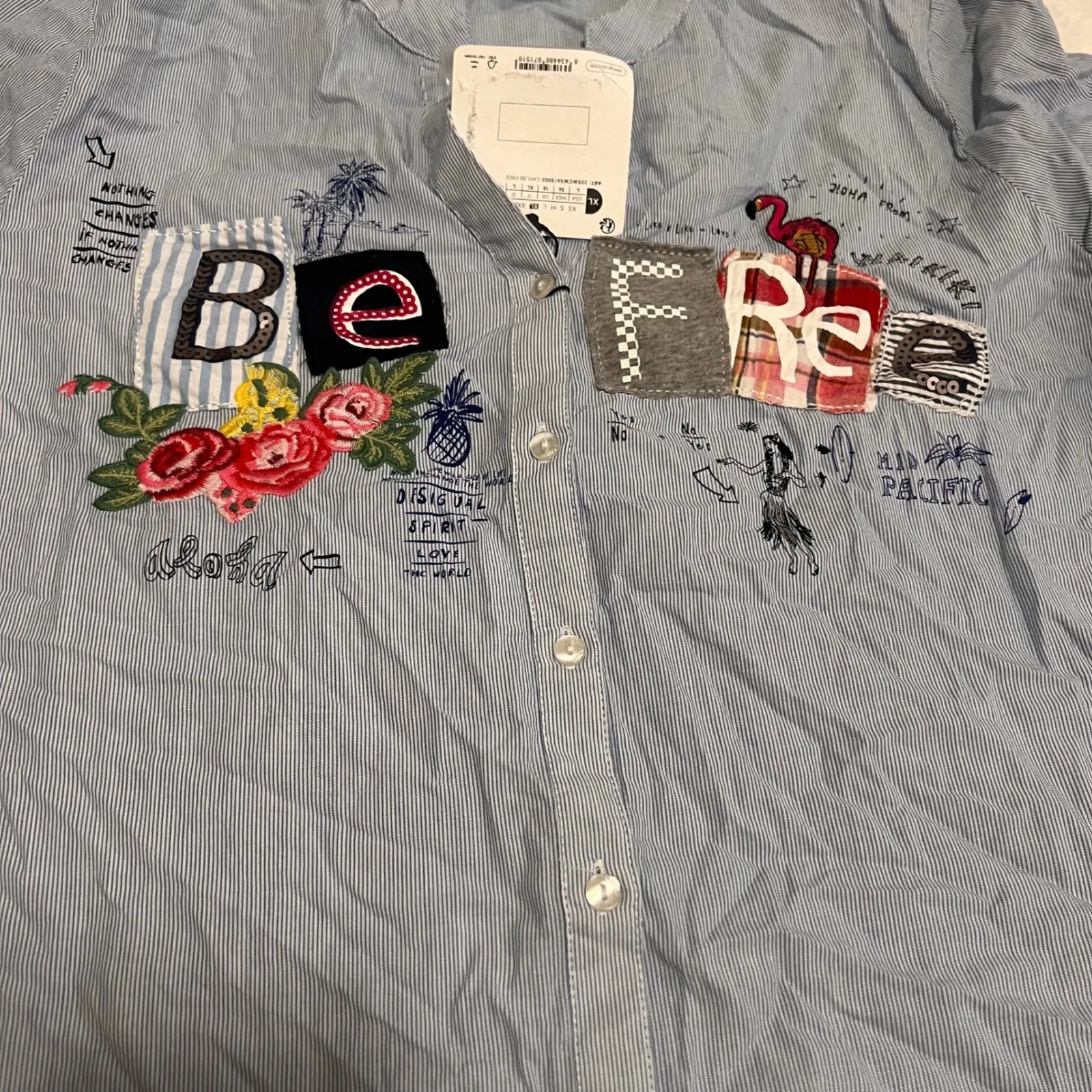 Desigual Striped Embroidered Patch Button Up Shirt Blue Long Sleeve Collared NWT - Image 5