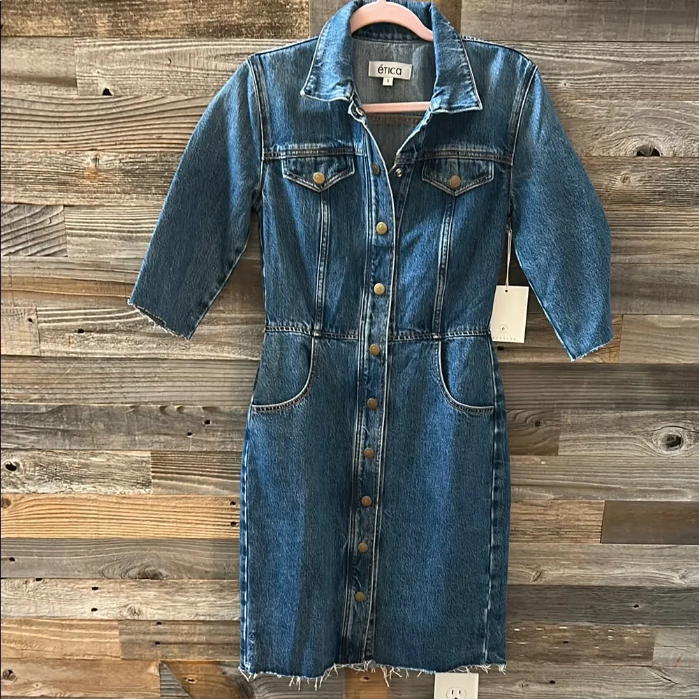 Etica Denim Snap Front 3/4 Sleeve Raw Hem Jordyn Trucker Jean Dress Size S NWT Blue - Image 4