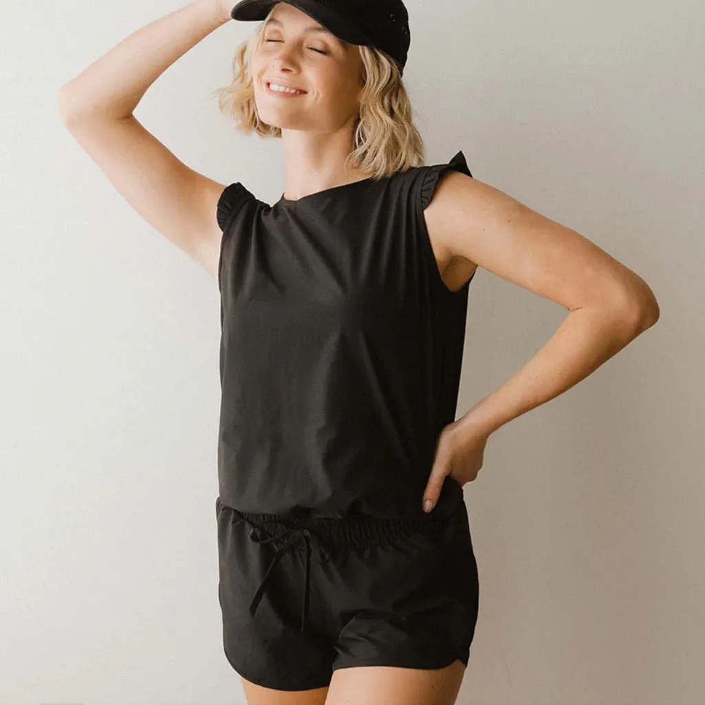 ALBION FIT  Ruffle Sleeve Romper Drawstring Waist Wrinkle Free Black Size M - Image 2