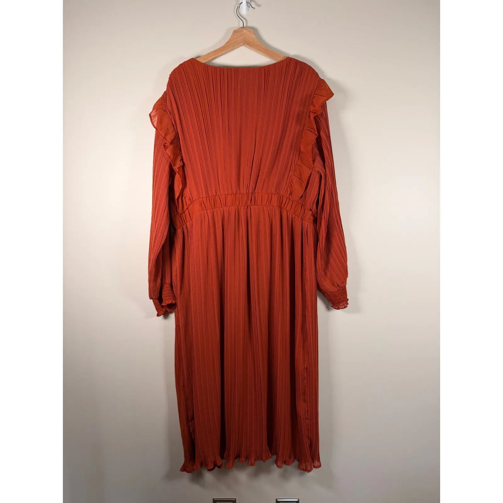 Girl Soul Rust Orange Pleated Ruffle V Neck Long Sleeve Maxi Dress Plus Size 3X - Image 10