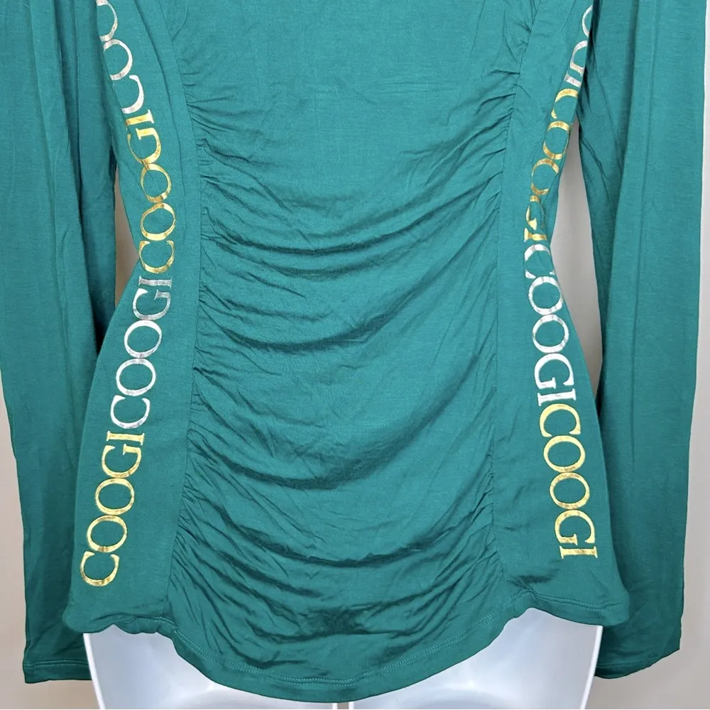 Coogi Green Long Sleeve Ruched Shirt Gold and Silver Logos Size L - Image 7