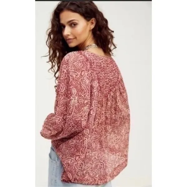 We Free People Cool Meadow Printed Sweet Cranberry Cotton Tunic Top - Image 15