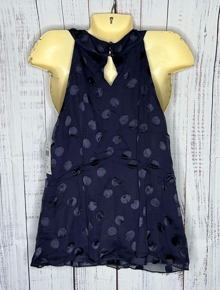 ECI New York NWT Size 14 Navy Blue Swiss Dot Silk Blend Halter Tank Top Blouse - Image 2
