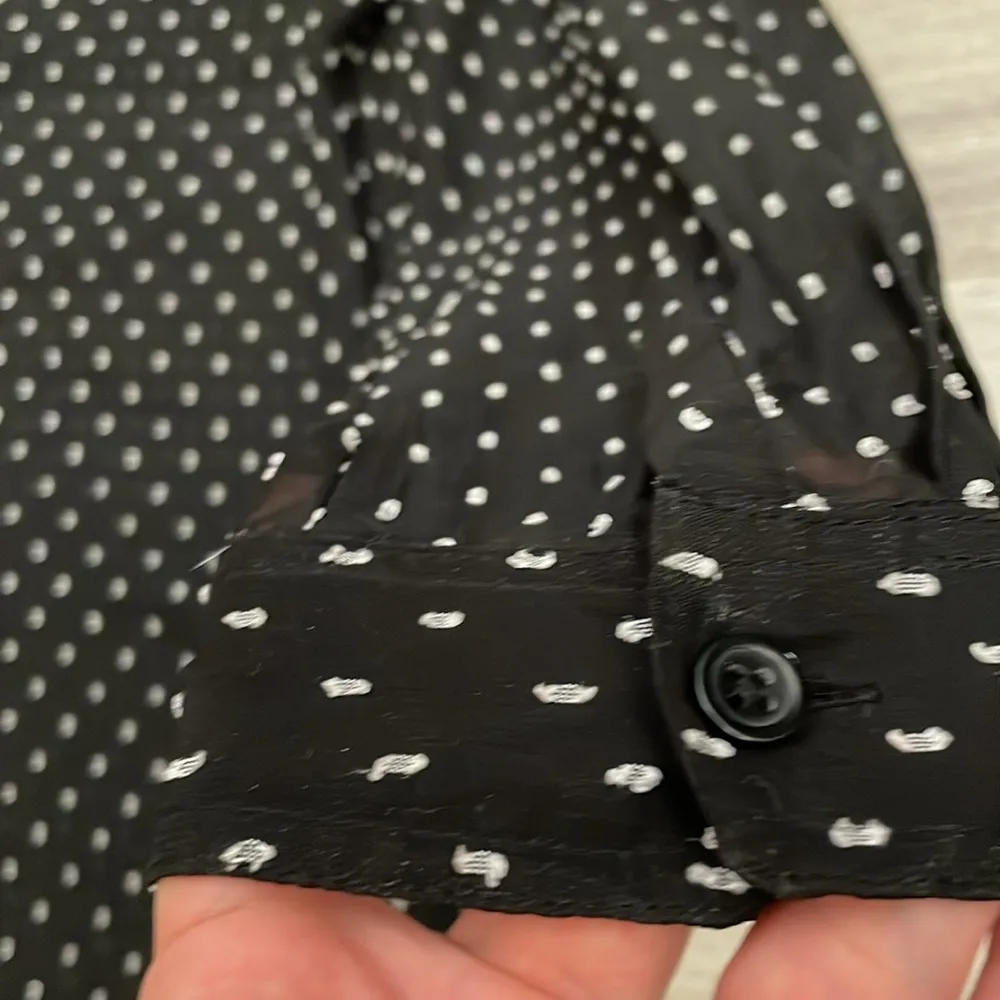 Black with Embroidered White Print Long Sleeve Button Down Blouse Size M - Image 10